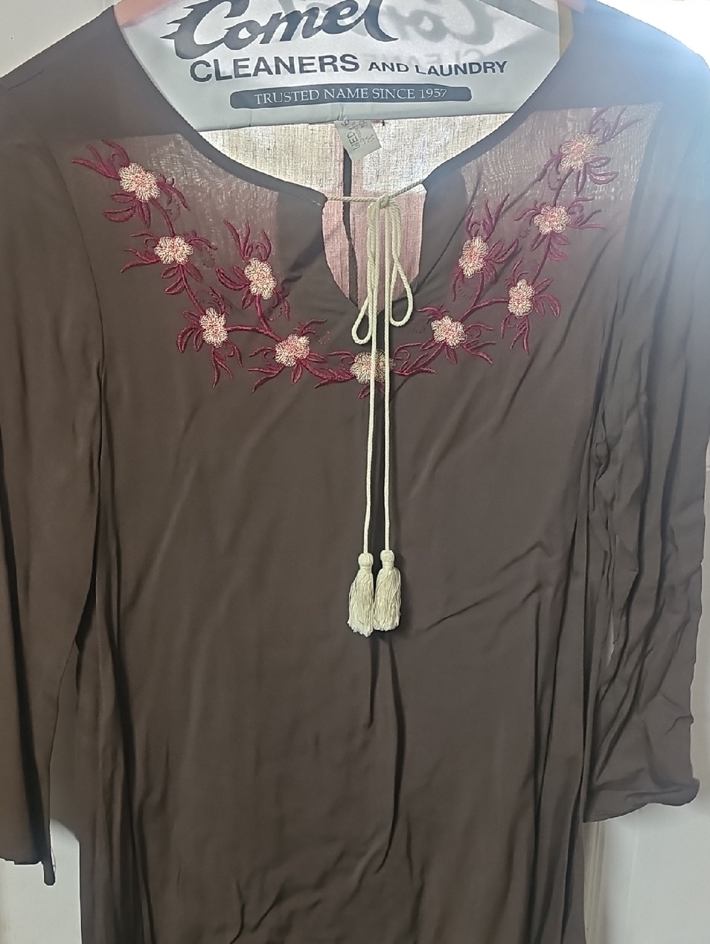 Women’s Brown Embroidered Peasant Tunic with Tassel Tie